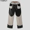 INCERUN Men Pants PU Leather Patchwork Button Joggers Straight Trousers Streetwear Pockets Fashion Casual Long 240108
