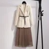 PLUS STORLEK WOMENS SUIT BLAZER DRESS LÅNG JAPLE MESH KLÄNNER Två stycken Set With Belt Elegant Women Winter Coat 240108