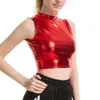 Tanques femininos Mulheres Faux Couro Brilhante Olhar Molhado Tanque Sem Mangas Mock Neck Crop Top Vest Dance Clubwear Slim Sexy Tops Nightclub Trajes