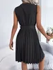 Women's summer casual V-neck sleeveless pleated knee length dress black blue brown 240108