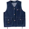 Men's Denim Vest Spring Retro Tooling Loose Big Pocket Buttons Sleeveless Vneck Singlebreasted Tops Jacket 240108