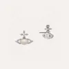 Desginer Viviene Westwoods Empress Dowager's Oval Pearl Horse EyeZircon Cross Saturn Earrings Memaly Classic Full Diamond Planet Earrings