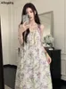 Vestidos casuais roxo floral baggy vestido mulheres fino doce sem mangas verão gracioso chique estilo francês férias estética literária na moda