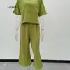 Pantalon de deux pièces pour femmes 2024 été dames élégant costume à manches courtes femmes pur coton lin deux pièces décontracté col rond chemisier jambe large