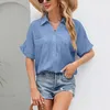 Kadın Bluzları 2024 Bahar Katı Pamuklu Keten Gömlek Düğmesi Up Cep V Boyun Gömlek Kısa Kollu Gevşek Sokak Giyim