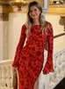 Ladies Elegant Floral Print Flare Sleeve Chiffon Maxi Dress Summer Women O Neck Printing Slim Beach Holiday Party Vestido 240108