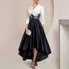 Elegantes weiß-schwarzes Kleid für die Brautmutter, V-Ausschnitt, 3/4-Ärmel, Satin, Spitzenapplikationen, A-Linie, Hochzeit, Gast, Party, YD