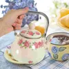 Dinnerware Sets Enamel Teapot 1L Water Tea Kettle Decorative Flower Reusable Pot With Strainer