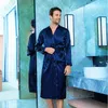 Bleu marine Hommes Kimono Robe Fausse Soie Robe De Bain Peignoir À Manches Longues Chemise De Nuit Vêtements De Nuit Hombre Pijama Taille S-XXXL 240108
