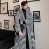 Autumn Winter Long Windbreaker Jacket Korean Fashion Thick Temperament Houndstooth Woolen Coat Men's Belt Slim Trench Coat 240109