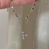 Anhänger Halsketten Koreanischen Stil Doppelschicht Luxus Kristall Kreuz Halskette Charming frauen Silber Farbe Schlüsselbein Kette Trend Party Schmuck