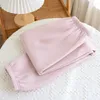 Vêtements de nuit pour femmes Petite fleur imprimée Pantalon de pyjama en coton chaud avec couche d'air pour l'automne et l'hiver Ceinture ample Fermeture à clip Longue