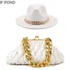 Bérets Fedoras et sac, ensemble 2 pièces pour femmes, chaîne dorée, chapeau en cuir, mode luxe, fête de mariage, Jazz Chapeu Feminino