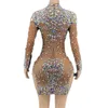 Stadiumkleding Bruin Shining Rhinestone Crystal Sexy Schede Jurk Voor Vrouwen Avondfeest Kleding Zanger Uitvoeren Kostuum Verjaardag Draagt