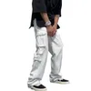 Pantalon pour hommes décontracté léger droit jambe large couleur unie multi-poches coupe ample Baggy vêtements quotidiens