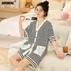 Elizabeth Duck M5XL Mulheres Cotton Pijama Verão Kimono Estilo Cardigan Pijamas Coreano Plus Size Nightwear Shorts Pjs 240108