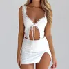 Work Dresses 2 Piece Sets Women Lace Frill Tie-up Vest Tops Split Mini Skirt Summer Casual Y2K Aesthetic Streetwear