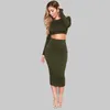 Work Dresses SKMY Women Clothing Bandage Lace-Up Backless Long Sleeve Crop Top Bodycon Midi Skirts Two Piece Set Outfits Solid Color