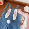 Cute Kids Girls Overalls 0-6Years Children Bunny Ear Ball Loose Denim Jumpsuit Suspender Pant Jeans Outwear Autumn Clothes 240108