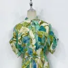 1.9 férias linho verde floral estampado manga curta com cinto midi camisa vestido 2024 primavera verão novo