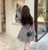 Temperament Matching Sets Retro O Tweed Plaid Jacket Short Long Sleeve Cardigan Slim Top Mini Houndstooth Pleated Skirt Chic 240109