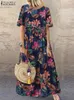 2023 zanzea boêmio férias vestido de verão feminino vintage floral impresso manga curta vestido de praia solto longo robe femme 240109