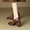 レトロな女性靴春秋の正方形の厚いハイヒールファッションアンクルブートブラウンオールマッチレザーシューズ240109