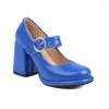 Dress Shoes Big Buckle Patent PU Leather Blue Red Closed Toe Woman Pumps Chunky High Heels Elegant Concise Mary Janes Women