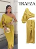 TRAFZA Dress For Women Yellow Asymmetric Satin Cut Out Long Dres Ruched Off Shoulder Elegant Dresses Evening Party Dresse 240109