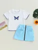 Clothing Sets Toddler Kids Girls Summer 2Pcs Outfits Ribbed Shorts Sleeve Butterfly Print Tee Top PU Leather Zipper Skirt Set (Light Blue