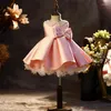 Girl Dresses Pink Satin Flower For Wedding Baby Pearls Puffy With Bow Cute Party Kids Pageant Birthday Ball Gowns Dress