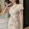 Party Dresses 2024 Summer Women Embroidery Chinese Cheongsam Dress Vintage Elegant Stand Collar Kort ärm Split Chiffon Sexig