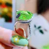 Cluster Rings New Luxury Large Bright Green Simulated Tourmaline Rings Women's Engagement Color Treasure Open Adjustable Ring For Women YQ240109