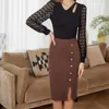 KK Kadın Örgü Kalem Etek Diz Uzunluğu Yüksek Belli Yetilmiş Bodycon Sweater Etekler Düğmelerle Yan Side Ofis Bayanlar Fit Etekler 240109