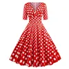 Elbise Polka Dot Baskılı Yaz Kadınlar Sıradan Vintage Elbise Kısa Kol V Boyun Bir çizgi salıncak pimi yukarı rockabilly sundress 50s 60s giyim