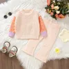 Kleidungssets Kleinkind Baby Mädchen Herbst Winter Kleidung Kontrastfarbe Langarm Tops Schlaghosen Set Lässige Strickwaren 2 Stück Outfits 0-3T