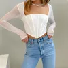 Camisetas para mujer 2024 Moda elegante sexy cuello cuadrado crop top mujeres manga larga malla corte bajo delgado irregular camiseta para fiesta club