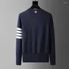 Men's Sweaters High End Luxury Quality Knitted Sweater O-Neck 4 Stripe Hem Slit Wool Pullover Winter Korean Fashion Casual Trend Knitwear