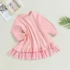 Vestidos de menina listenwind 3-6y criança tule retalhos vestido rosa manga longa em torno do pescoço babados bainha a linha para primavera outono