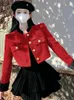 작은 향기로운 코트 세련된 스탠드 트위드 재킷 여성 레드 빈티지 가을 차케 타스 Mujer Jaqueta Feminina Black Striped Cardigan 240109