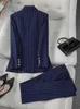 Moda S-8XL Ofis Bayanlar Resmi Pantolon Takım Seti Kadınlar Mavi Çizgili Kadın İş İş Giyim 2 Parça Blazer Ceket ve Pantolon 240108