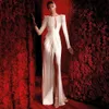 Élégante robe de soirée blanche d'anniversaire 2024 Scoop manches longues coupe basse fleurs 3D doux satin robes de soirée robe de soirée robes de fête