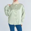 Vêtements ethniques Femmes Eid Musulman Tops Bouton Bouton Bouton pleine longueur Col rabattu Kaftan Arabe Maroc Satin Blouses Solid Casual