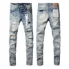 men Purple jeans Top quality Jeans Designer fashion elastic Letters embroidery hole wash rock style casual street jeans Large size