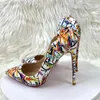 Dress Shoes Floral Print Women V-Cut Edged Pointy Toe High Heel For Party Show Sexy Slip On Stiletto Pumps