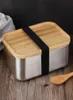 800 ml voedselcontainer lunchbox met bamboe deksel roestvrijstalen bentobox houten blad 1 laag voedselkeukencontainer gemakkelijk mee te nemen K7015980