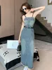 Casual Jurken Mode Zomer Y2K Denim Lange Jurk Voor Vrouwen Lady Vintage Sexy Borst Wikkelen Wrap Hip Maxi Party Mujer vestidos Straat