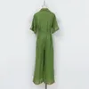 1.9 Holiday Casual Loose Flax Print Brodery Blus eller Drawstring Wide Ben Pants Women's Green Set