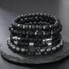 Charm Bracelets Punk Street Jewelry Men Set Cubic Zircon Ball Beaded Natural Matte Lava Hematite Obsidian Fashion