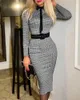 Women Sexy Elegant Contrast print Long Sleeve Slim Long Dress with Belt Lady Wrap Hips Bodycon Party Evening Dresses Clubwear Ve 240108